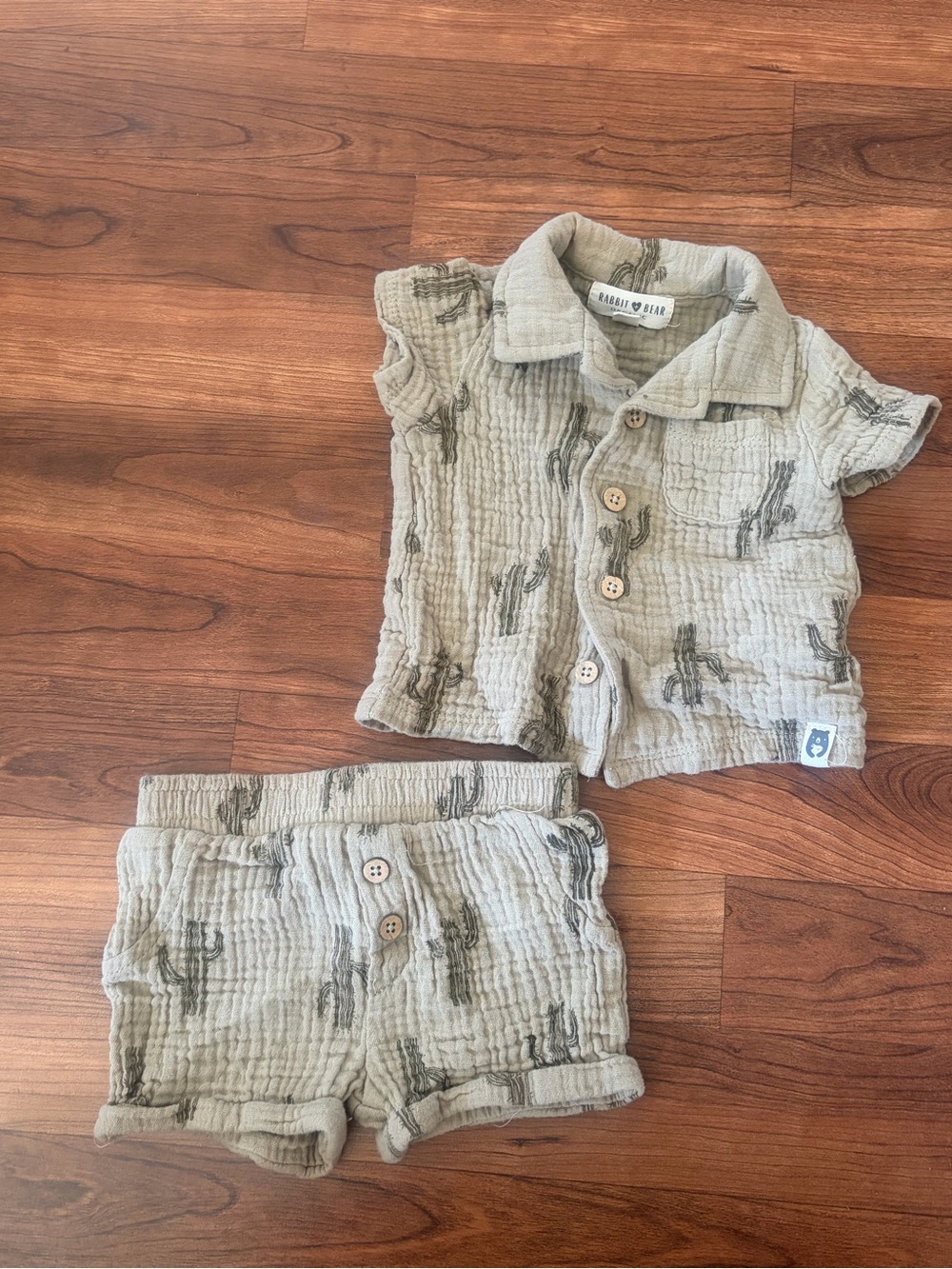 Baby Button-Front Shirt & Shorts Set in Light Olive with Cactus Print